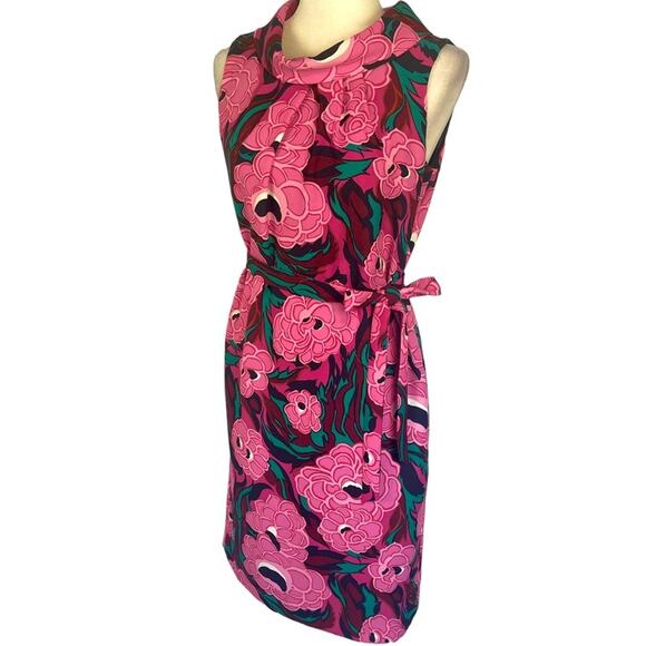 Talbots Vibrant Floral Print Dress Cowl Collar Tie Belt Sleeveless Size 6 Pink - Picture 2 of 7